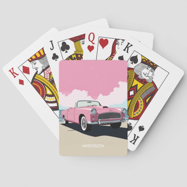 Custom Name Pink Classic Car Playing Cards (Back)