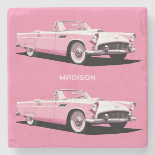 Custom Name Pink Classic Car Stone Coaster