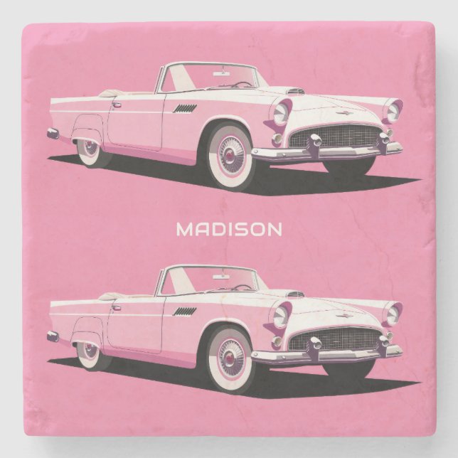 Custom Name Pink Classic Car Stone Coaster (Front)