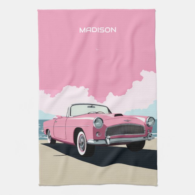 Custom Name Pink Classic Car Tea Towel (Vertical)