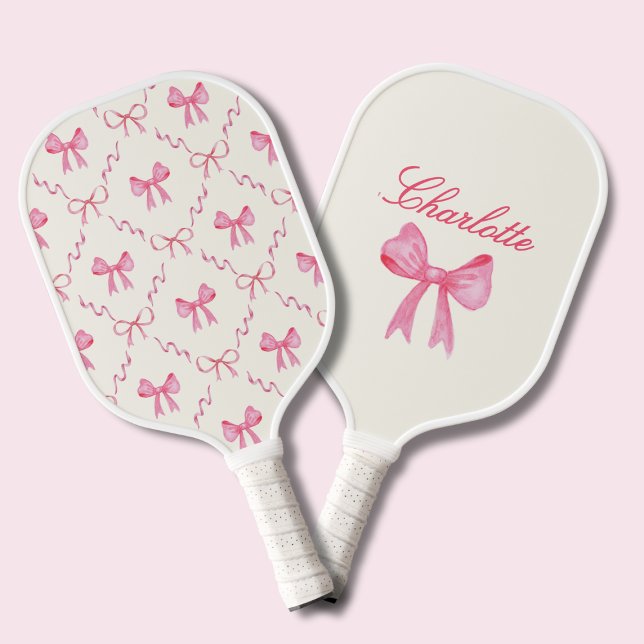 Custom Name Pink Coquette Bow Pickleball Paddle (sweet coquette pink bows pickleball paddle with custom name, cute gift for pickleball player)