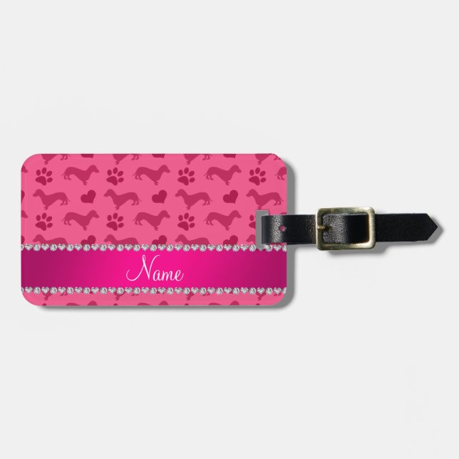 Custom name pink dachshunds hearts paws luggage tag (Front Horizontal)