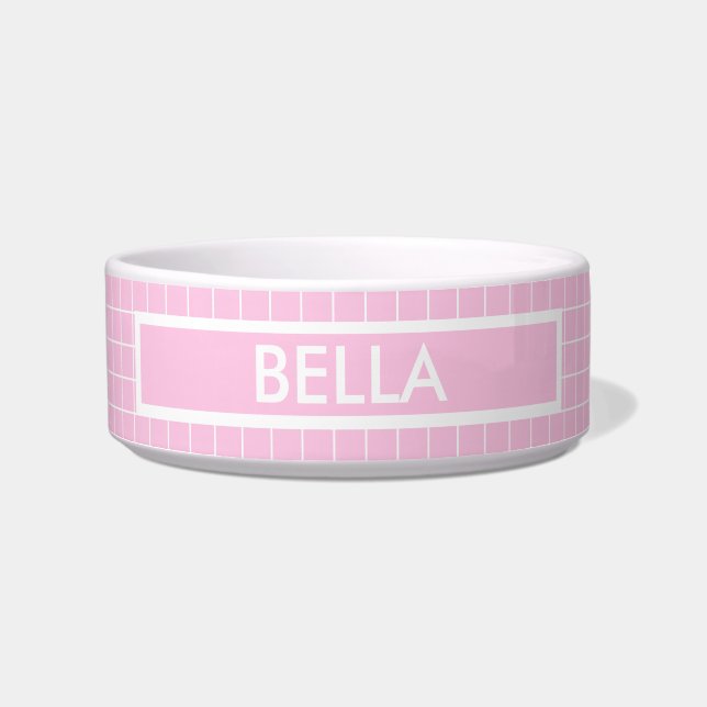 Custom Name Pink Danish Pastel Grid Pattern Dog Bowl (Front)
