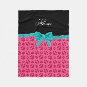 Custom name pink dog paws turquoise bow fleece blanket