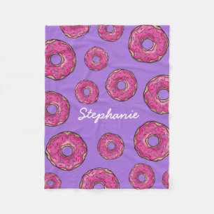 Custom Name Pink Doughnuts Purple Fleece Blanket
