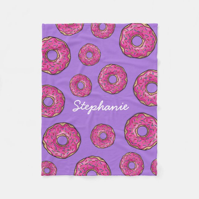 Custom Name Pink Doughnuts Purple Fleece Blanket (Front)
