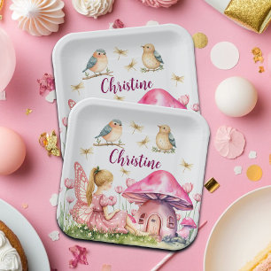 Custom Name Pink Fairy Mushrooms Paper Plate
