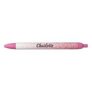 Custom Name Pink Faux Glitter Glam Birthday Black Ink Pen
