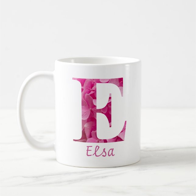 Custom Name Pink Floral Alphabet Letter "E" Mug (Left)