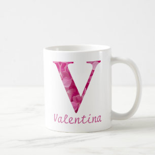 Custom Name Pink Floral Alphabet Letter "V" Mug
