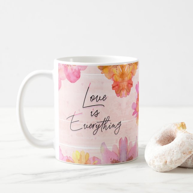 Custom Name Pink Floral Watercolor Coffee Mug (With Donut)