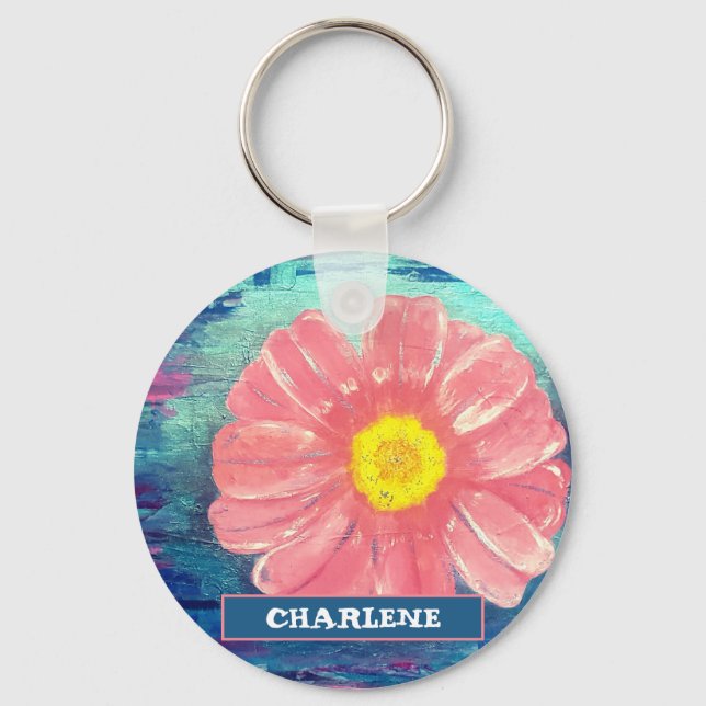 Custom Name PINK Flower Acrylic Painting Key Ring (Front)
