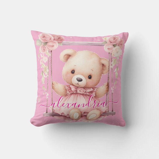 Custom Name Pink Girly Teddy Bear Throw Pillow (Front)