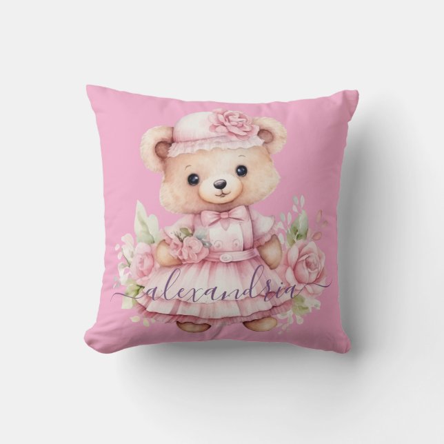 Custom Name Pink Girly Teddy Bear Throw Pillow (Front)