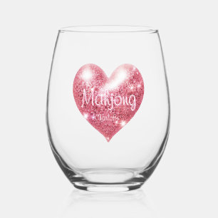 Custom Name Pink Glitter Heart Elegant Mahjong Stemless Wine Glass