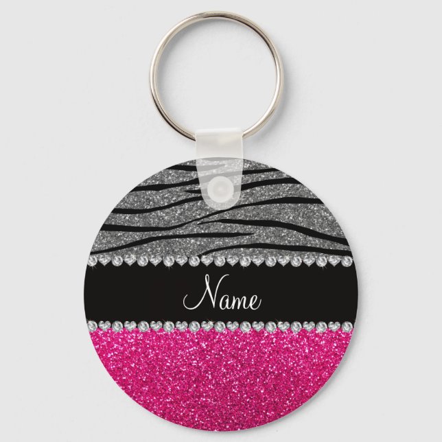 Custom name pink glitter light grey zebra stripes key ring (Front)