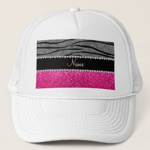 Custom name pink glitter light grey zebra stripes trucker hat