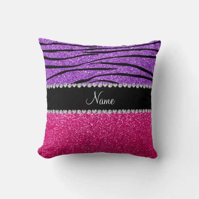 Custom name pink glitter pastel purple zebra strip cushion (Front)