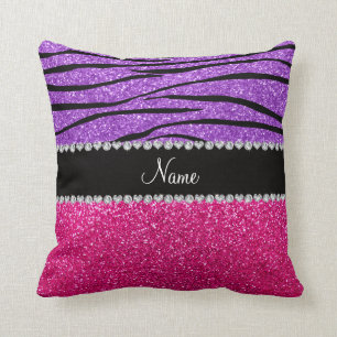 Custom name pink glitter pastel purple zebra strip cushion
