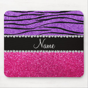 Custom name pink glitter pastel purple zebra strip mouse mat