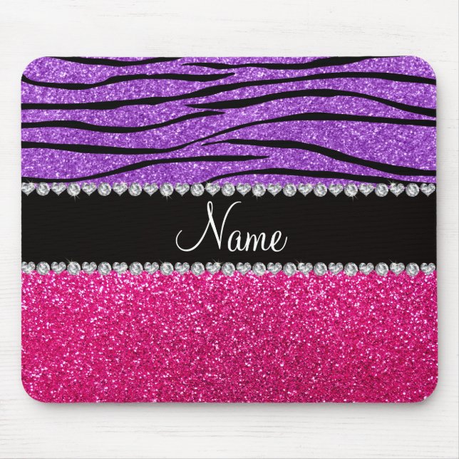 Custom name pink glitter pastel purple zebra strip mouse mat (Front)