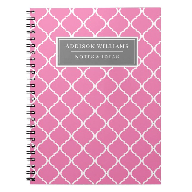 Custom Name Pink Grey Lattice Pattern Notebook (Front)