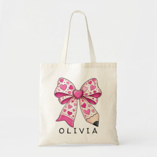 Custom Name Pink Heart Pencil Bow Teacher Gift Tote Bag
