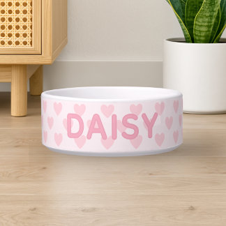 Custom Name Pink Hearts Dog Bowl