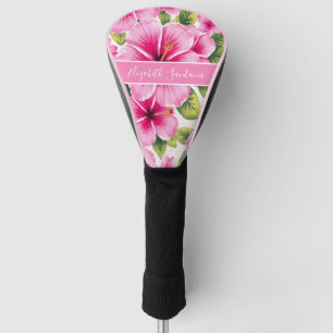 Custom Name Pink Hibiscus on White Tropical Golf Head Cover