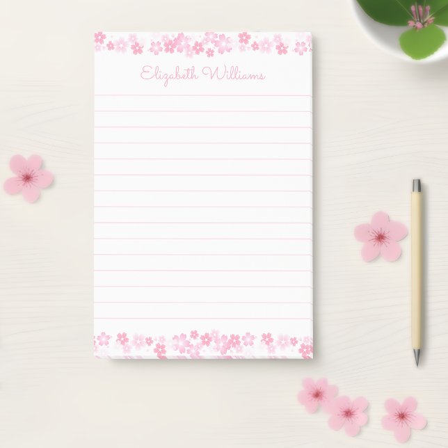 Custom Name Pink Japanese Cherry Blossom 4x6 Lined Post-it Notes (Cherry blossom post it notes with custom name 🌸🌸)