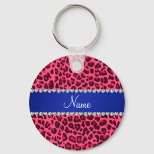Custom name pink leopard print blue stripe key ring