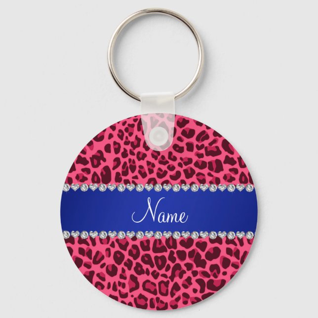 Custom name pink leopard print blue stripe key ring (Front)