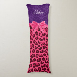 Custom name pink leopard purple damask bow body cushion