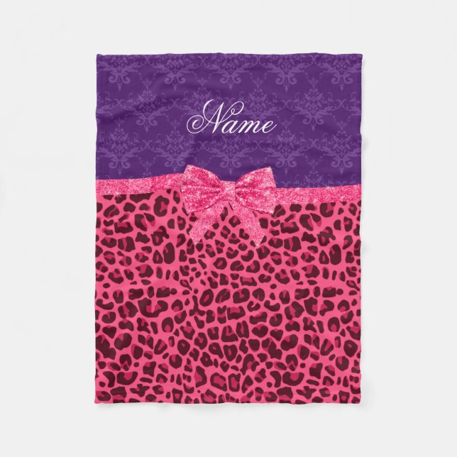 Custom name pink leopard purple damask bow fleece blanket (Front)