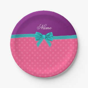 Custom name pink polka dots turquoise bow paper plate
