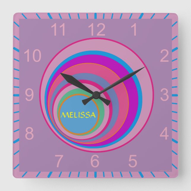 Custom name pink purple blue pretty swirl circle square wall clock (Front)