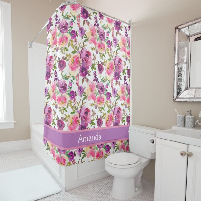 Custom Name Pink Purple Roses Floral Girly Trendy  Shower Curtain (In Situ)