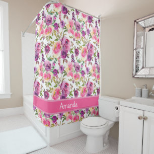 Custom Name Pink Purple Roses Floral Girly Trendy  Shower Curtain