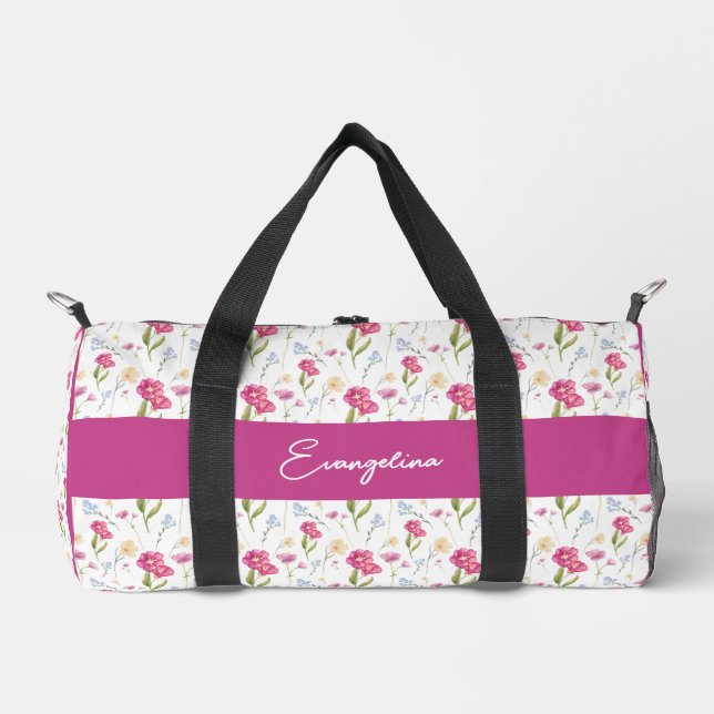 Custom Name Pink Purple Watercolor Wildflower  Duffle Bag (Front)