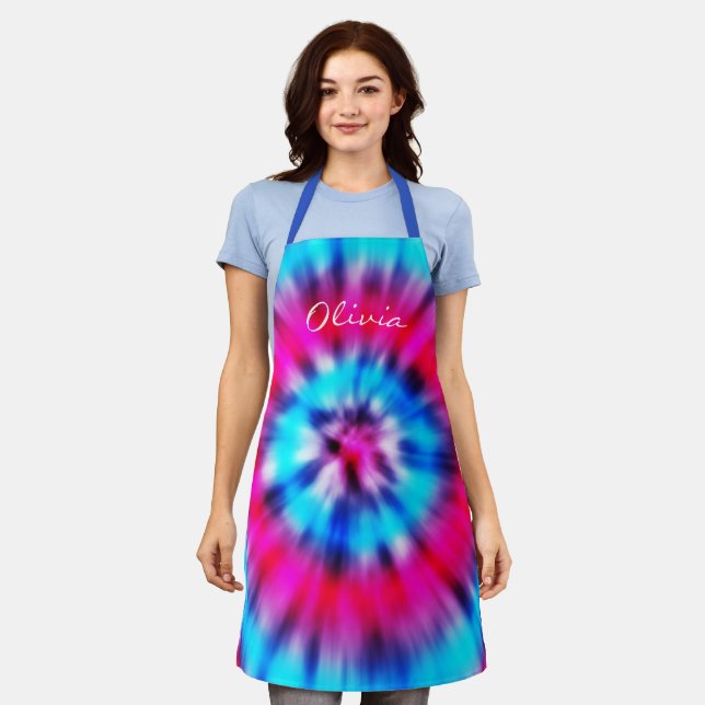 Custom Name Pink Red Blue Baker Mens Womens TieDye Apron (Worn)