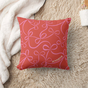 Custom Name Pink & Red Ribbon Bow Pattern Holiday Cushion