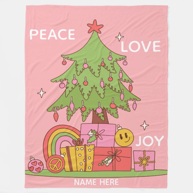 Custom Name Pink Retro Christmas Tree Fleece Blank Blanket (Front)
