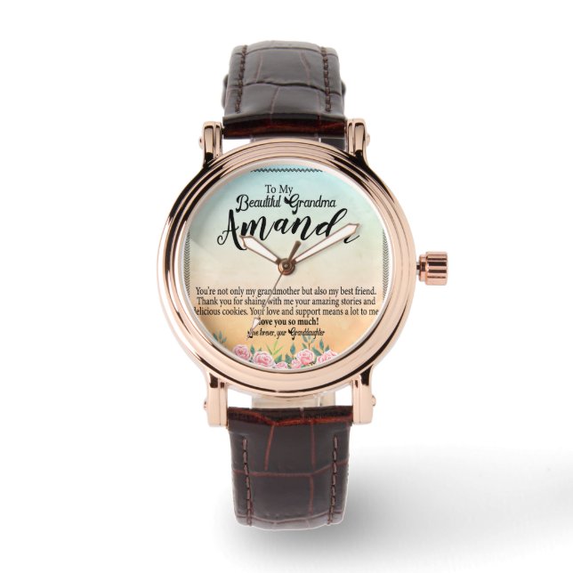 Custom Name Pink Rose Message for Grandma Watch (Front)