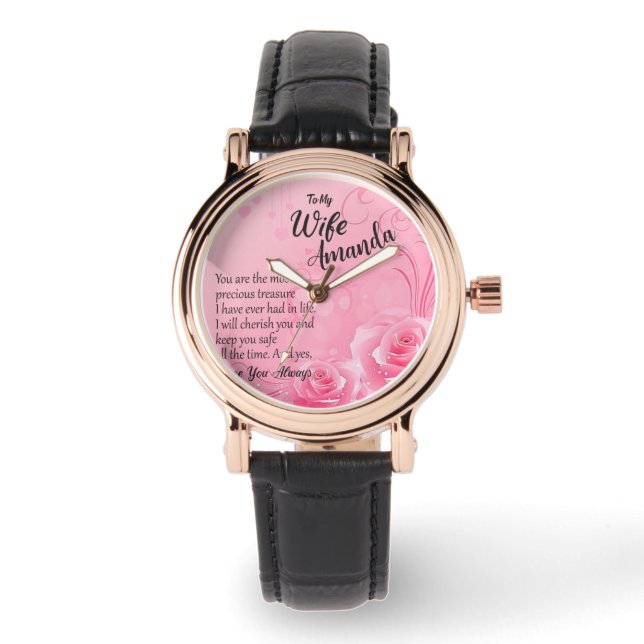 Custom Name Pink Rose Message for Wife Watch (Front)