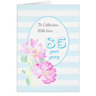 Custom Name Pink Roses and Stripes 85th Birthday