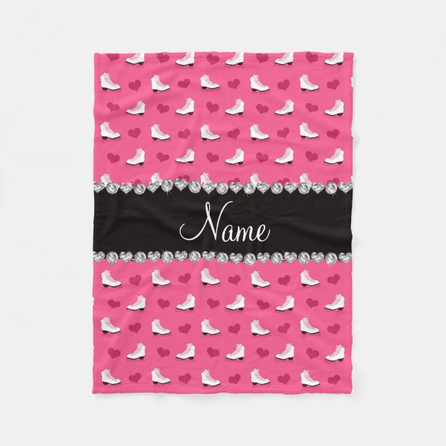 Custom name pink skates and hearts fleece blanket (Front)