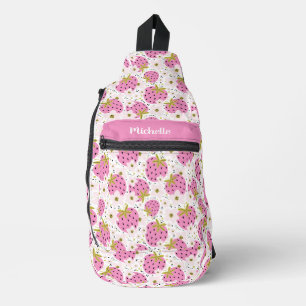 Custom Name Pink Strawberries Pattern Sling Bag