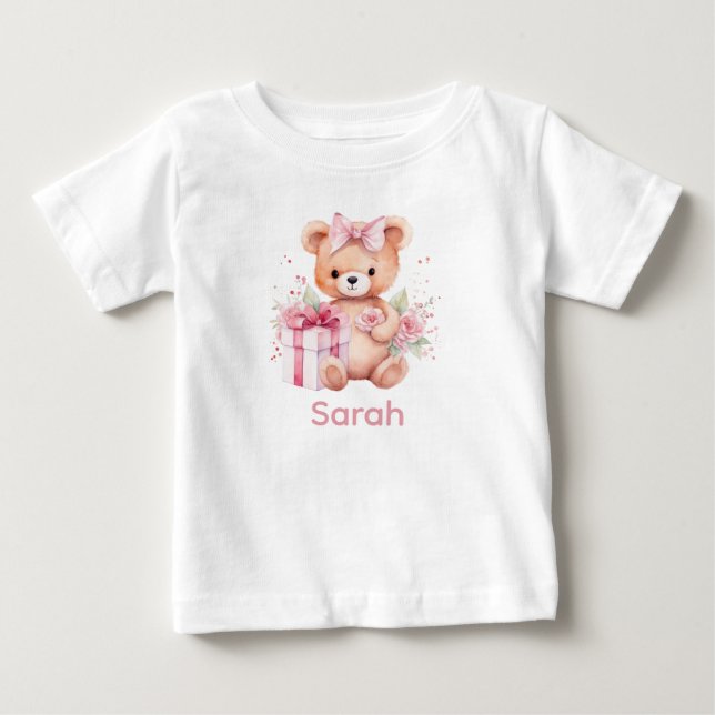 Custom Name Pink Teddy Bear Baby Shirt (Front)