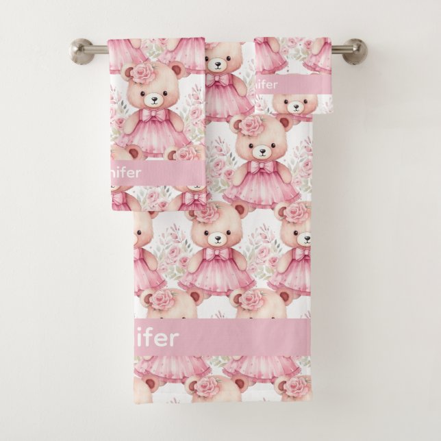 Custom Name Pink Teddy Bear Girl's Bath Towel Set (Insitu)