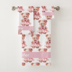 Custom Name Pink Teddy Bear Girl's Bath Towel Set